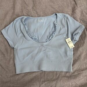 AERIE Light Blue Ribbed Crop Top with Lace Detail